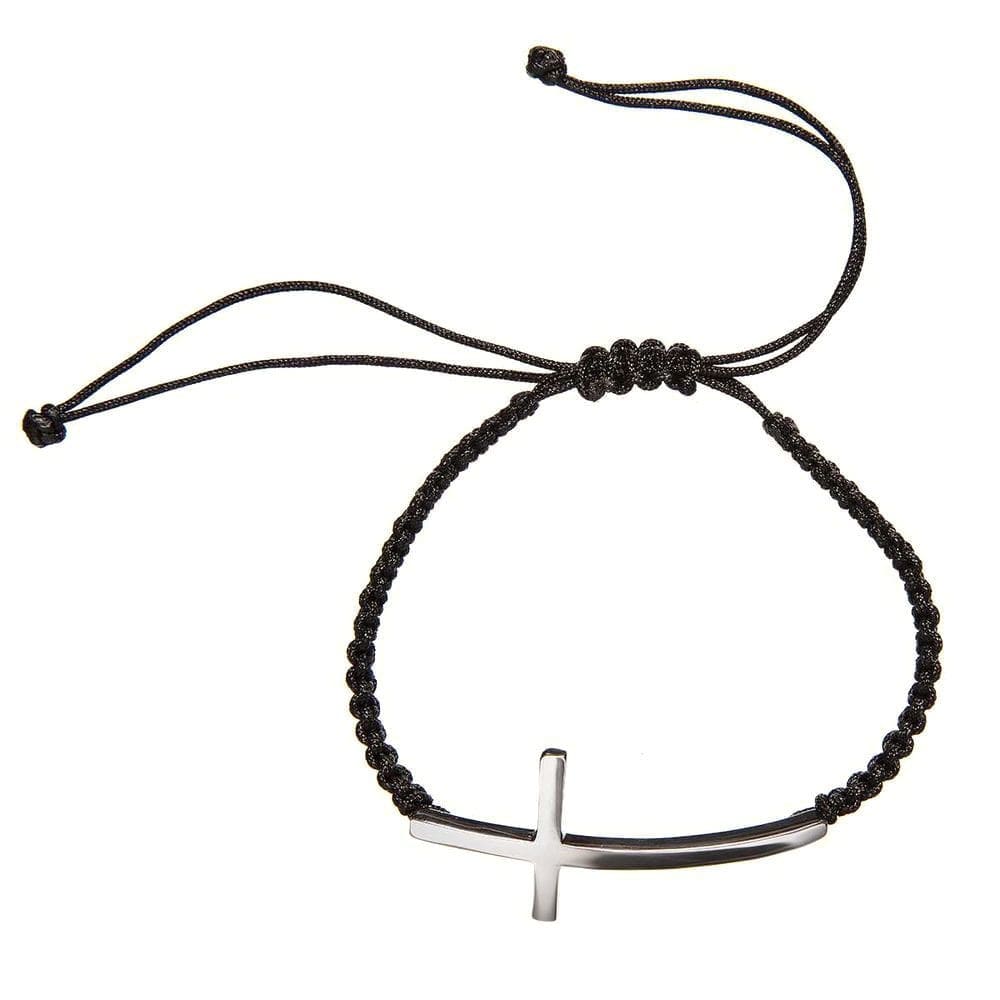 Pulseira Crucifixo Em Prata Com Ródio Branco E Cordão Encerado De Poliéster