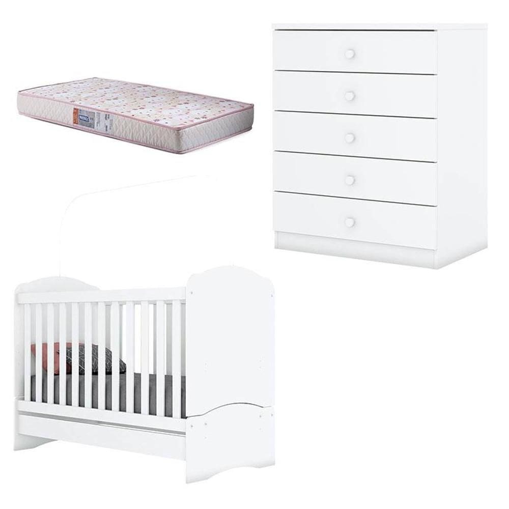 Berço Nacional e Cômoda Infantil Bala de Menta Branco com Colchão Gazin – Henn
