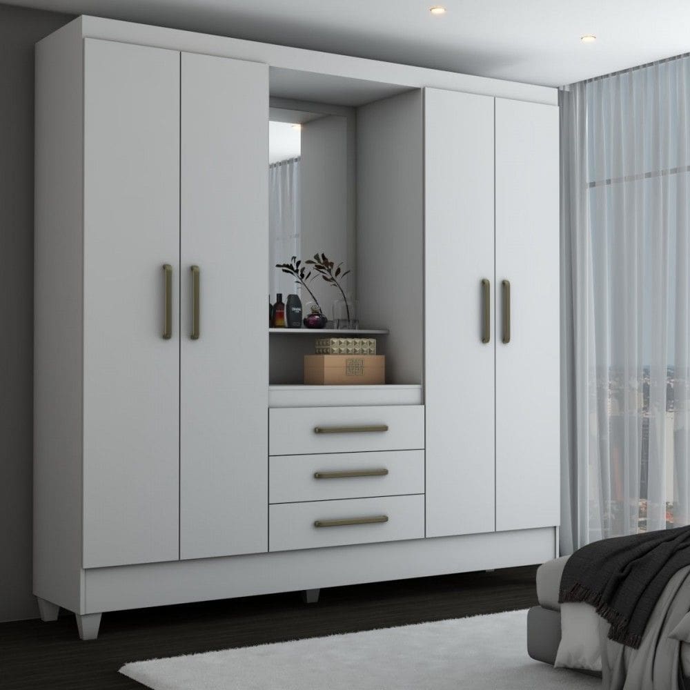Guarda-Roupa Solteiro Capelinha 4 Portas 3 Gavetas com Espelho Flex Branco/Rosa - Panorama Móveis