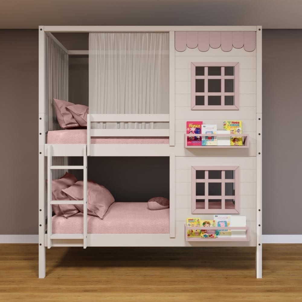 Beliche Casinha Reta com 02 Janelas e Cortina Madeira Maciça Branco/ Rosa Housin