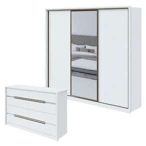 Guarda Roupa Spazio 270 com Espelho e Cômoda Urban Branco Brilho - Lopas