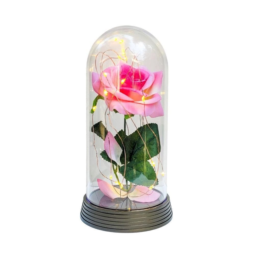 Luminária a rosa encantada rosa rosa 20 cm base ouro quente