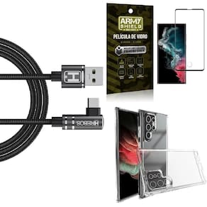 Kit capinha s22 ultra + cabo em l tipo c hs180 + película 3d