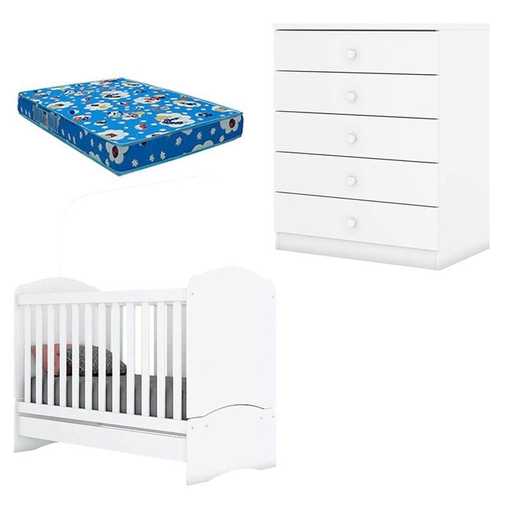 Berço Nacional e Cômoda Infantil Bala de Menta Branco com Colchão Ortobom – Henn