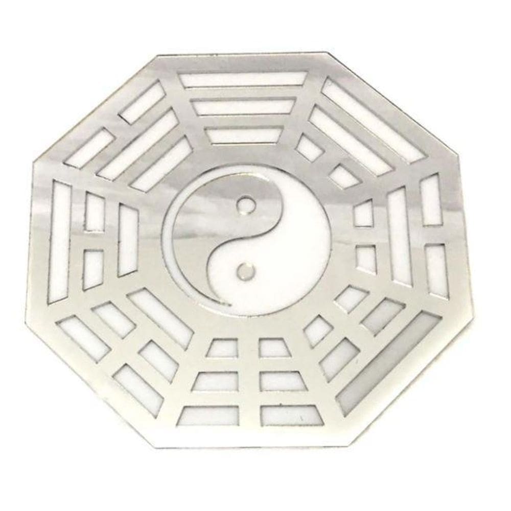 Espelho baguá yin yang acrílico espelhado prata sala 25cm
