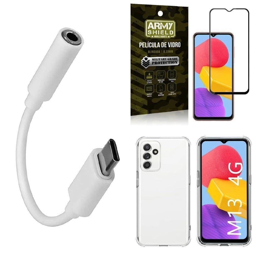 Capinha galaxy m13 + adapt fone tipo c para p2 + película 3d