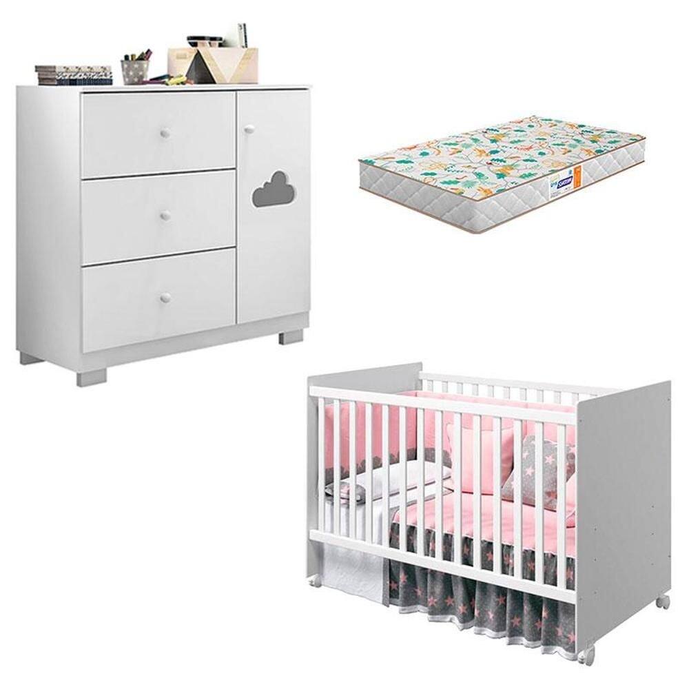 Berço Americano Tico e Cômoda Infantil Ane Branco Brilho com Colchão Gazin – Phoenix Baby