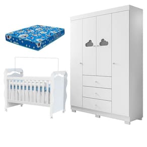 Berço Americano New Nanda e Guarda Roupa Infantil Ane Branco Brilho com Colchão Ortobom – Phoenix Baby