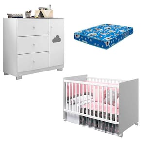 Berço Americano Tico e Cômoda Infantil Ane Branco Brilho com Colchão Ortobom – Phoenix Baby