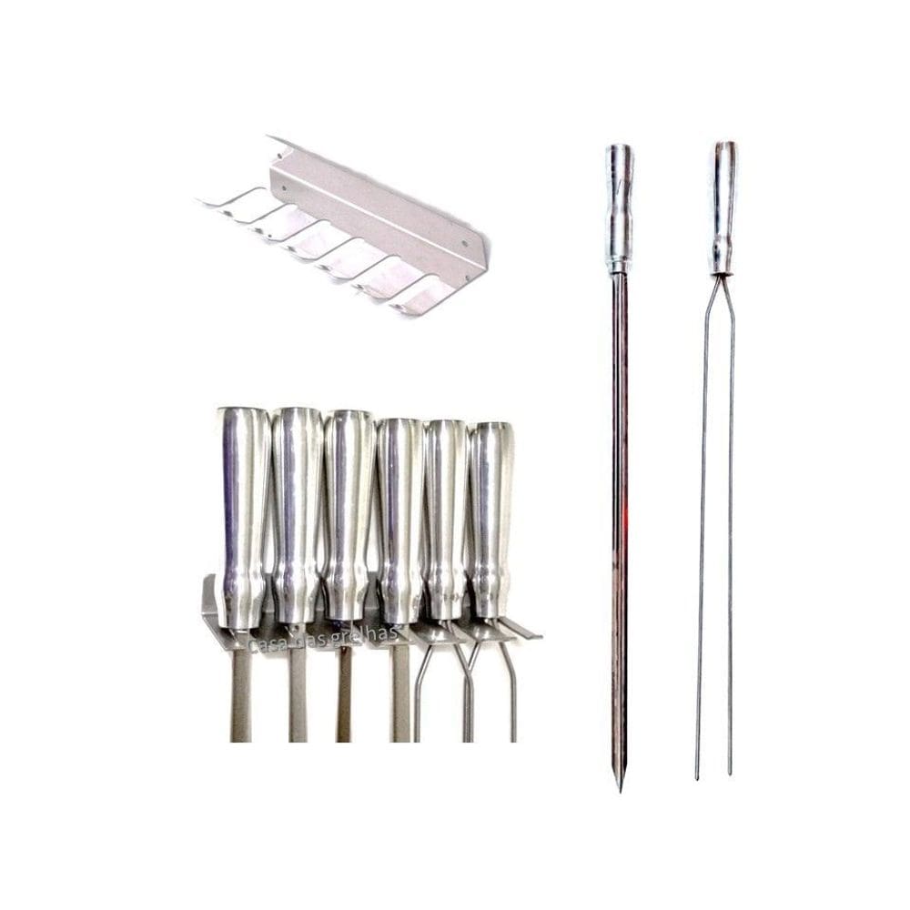 Conjunto 5 espetos churrasco e porta espeto parede e rastelo