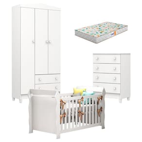Quarto de Bebê Mel Flat com Berço Americano Lara Branco Brilho com Colchão Gazin - Carolina
