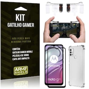 Kit moto g20 gatilho gamer+capa anti shock+película vidro 3d