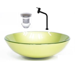 Cuba vidro redonda 31cm verde oliva +válvula +torneira preta