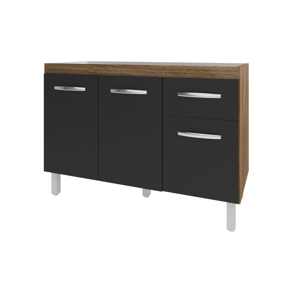 Balcão Armário Gabinete Para Pia de Cozinha 118 cm Aline 3 Portas e 1 Gaveta Savana Preto