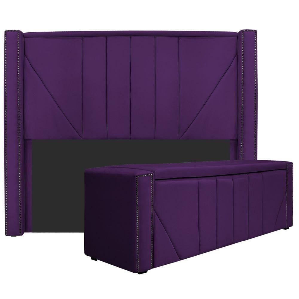 Kit Cabeceira E Calçadeira Baú Casal 140cm Suede Roxo