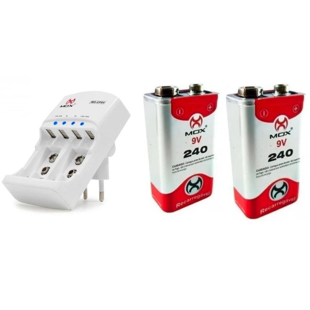 Kit carregador bateria duplo 9v mox cp50 + 2x baterias 9v