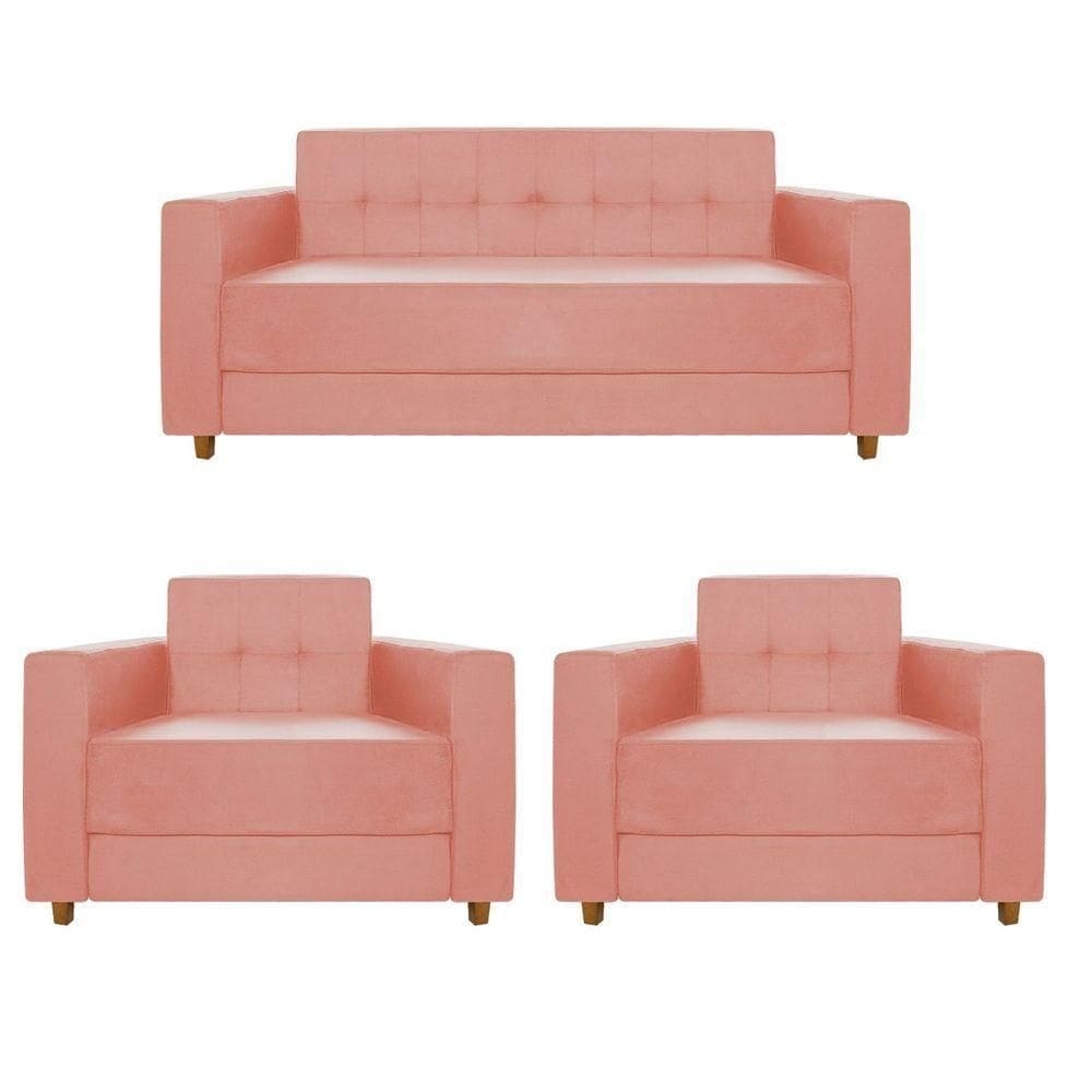 Kit Sofá 2 Lugares E 2 Poltronas Denver Suede Coral - Doce Sonho Móveis