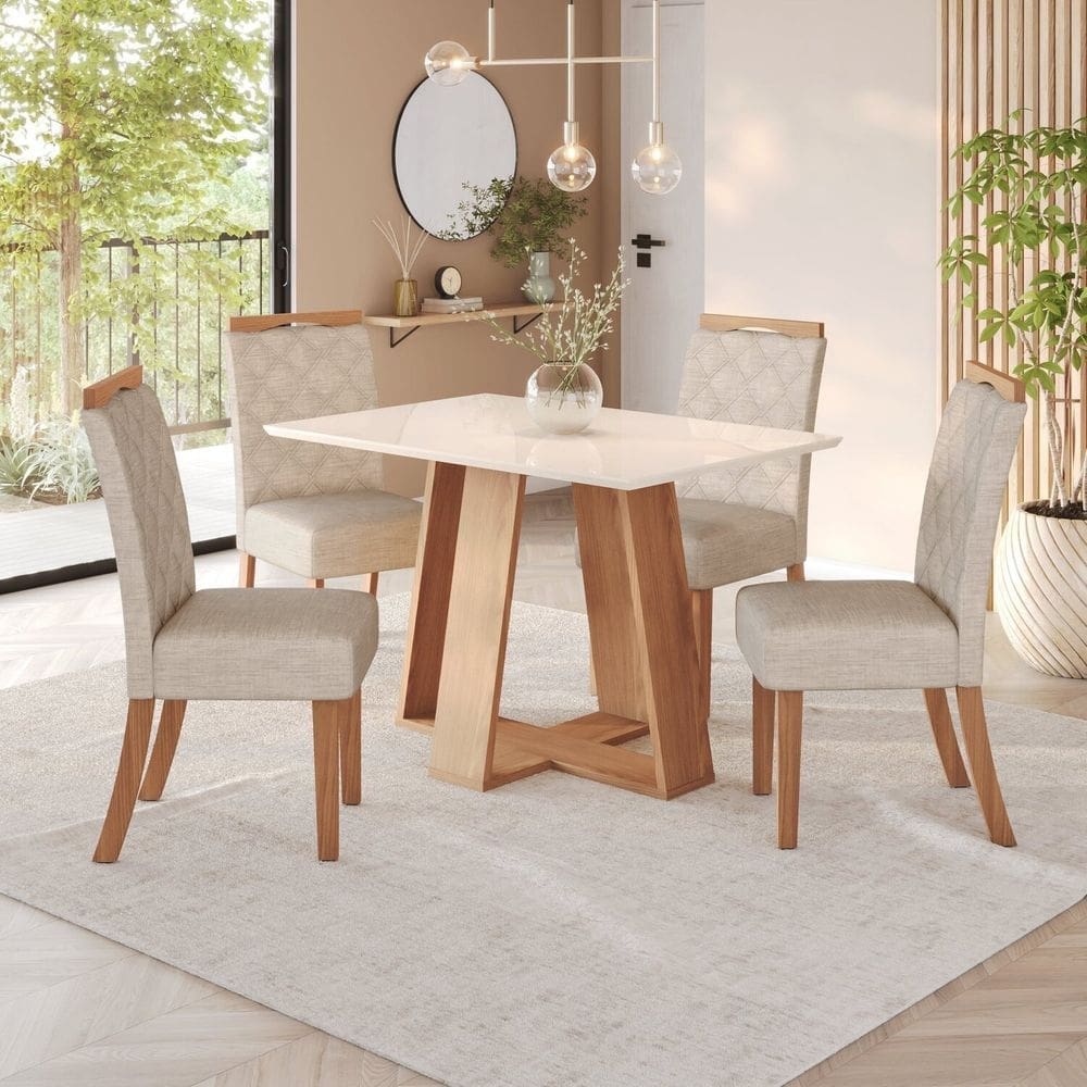 Sala de Jantar Hebe Mesa 120 Cm Canto Reto 4 Cadeiras Espresso Móveis Marrom/Off White/Linho