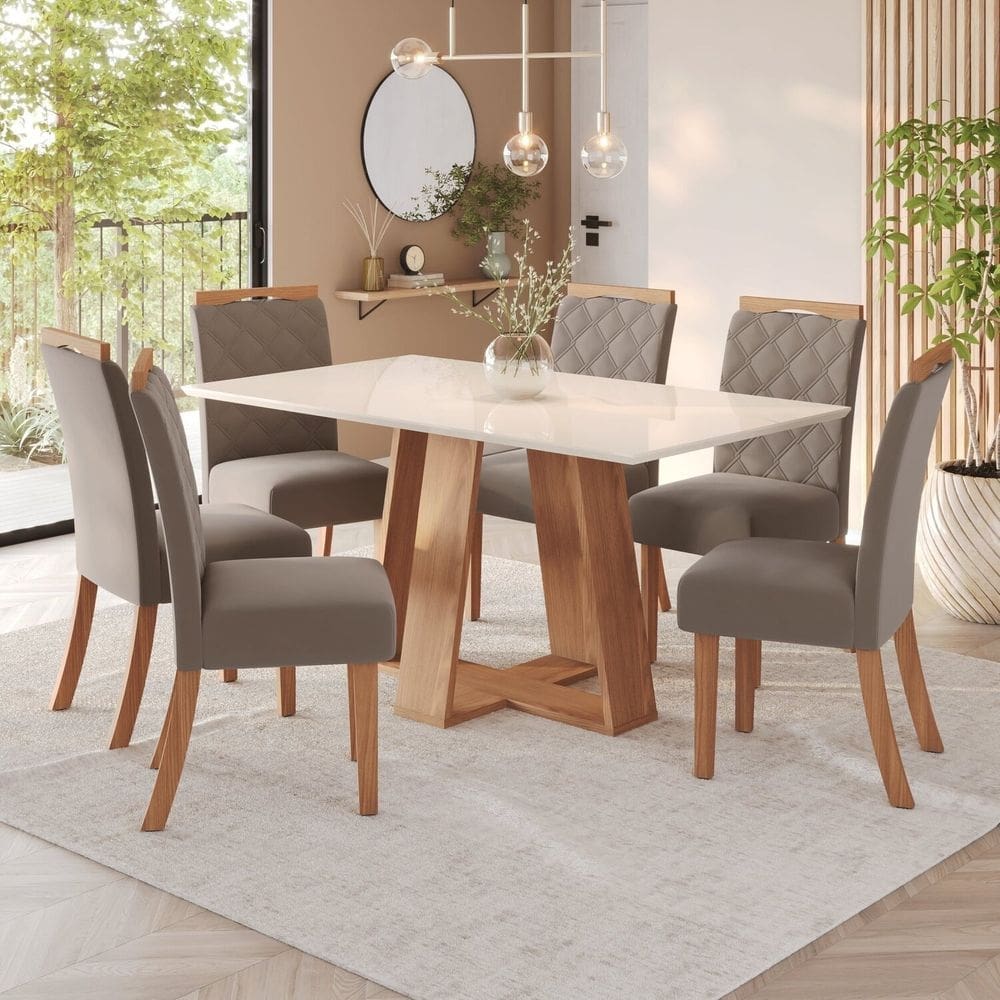 Sala de Jantar Hebe Mesa 160 Cm Canto Reto 6 Cadeiras Espresso Móveis Marrom/Off White/Marrom Amêndoa