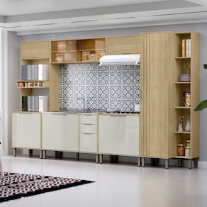 Cozinha Modulada Glória 6 Peças com Paneleiro e Torre 2 Fornos Castanho/Off White