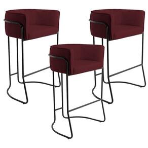 Kit 03 Banquetas Fixa Preto Veludo Marsala C-278