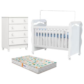 Berço Americano New Nanda e Cômoda Gaveteiro Mel Flat Branco Brilho com Colchão Gazin - Carolina