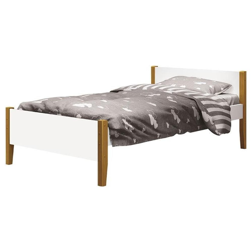 Cama Solteiro Simba Branco Acetinado com Pés Madeira – Reller