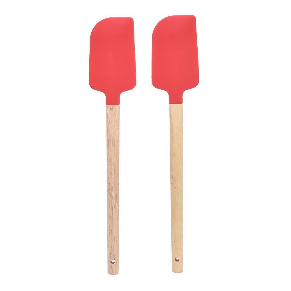 2 Espátulas Em Silicone Vermelha Com Cabo Em Madeira Kenya