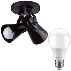 Kit spot octa duplo e27 abs preto + 2 lâmpada 9w led 6500k