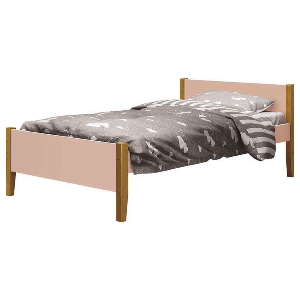 Cama Solteiro Simba Rosa Acetinado com Pés Madeira – Reller