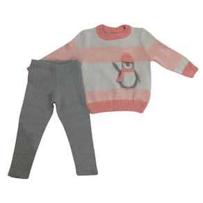 Conjunto tricot infantil fem Vira Mexe rose/cinza