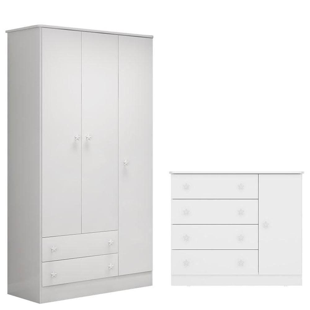 Guarda Roupa 2617 e Cômoda Infantil 2561 Doce Sonho Branco Brilho – Qmovi