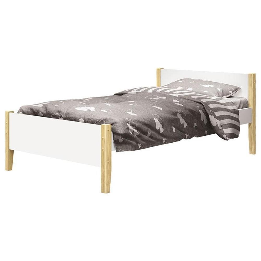 Cama Solteiro Simba Branco Acetinado com Pés Natural – Reller
