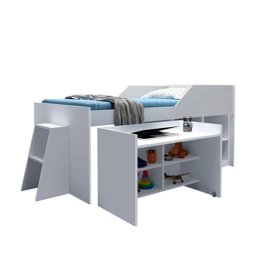 Cama Com Colchão Ortobom Solteiro Escrivaninha Multifuncional 94 x 228 x 114 Branco Muns Shop JM - Branco