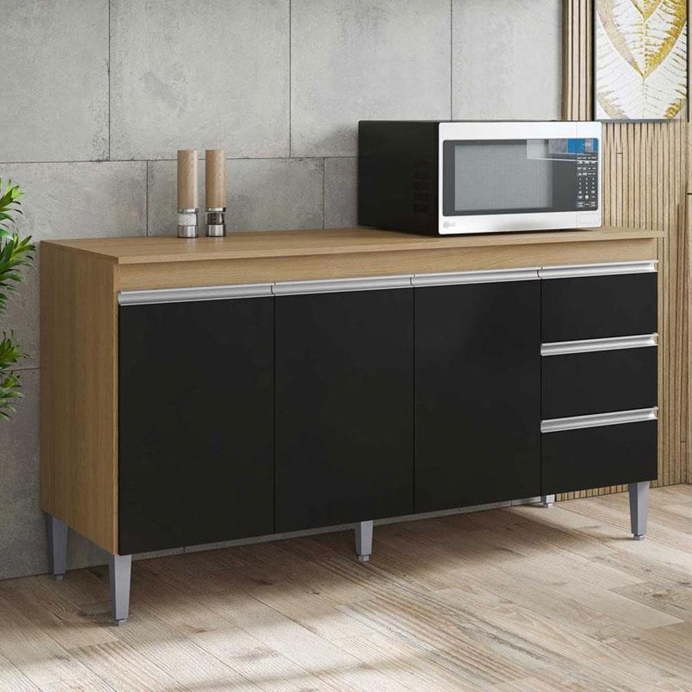 Balcão de Cozinha Ambiente Andréia com Tampo 150 cm Amendoa Preto - AJL