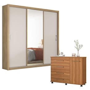 Cômoda Flora e Guarda Roupa Casal Residence Amêndola Off White - Demóbile