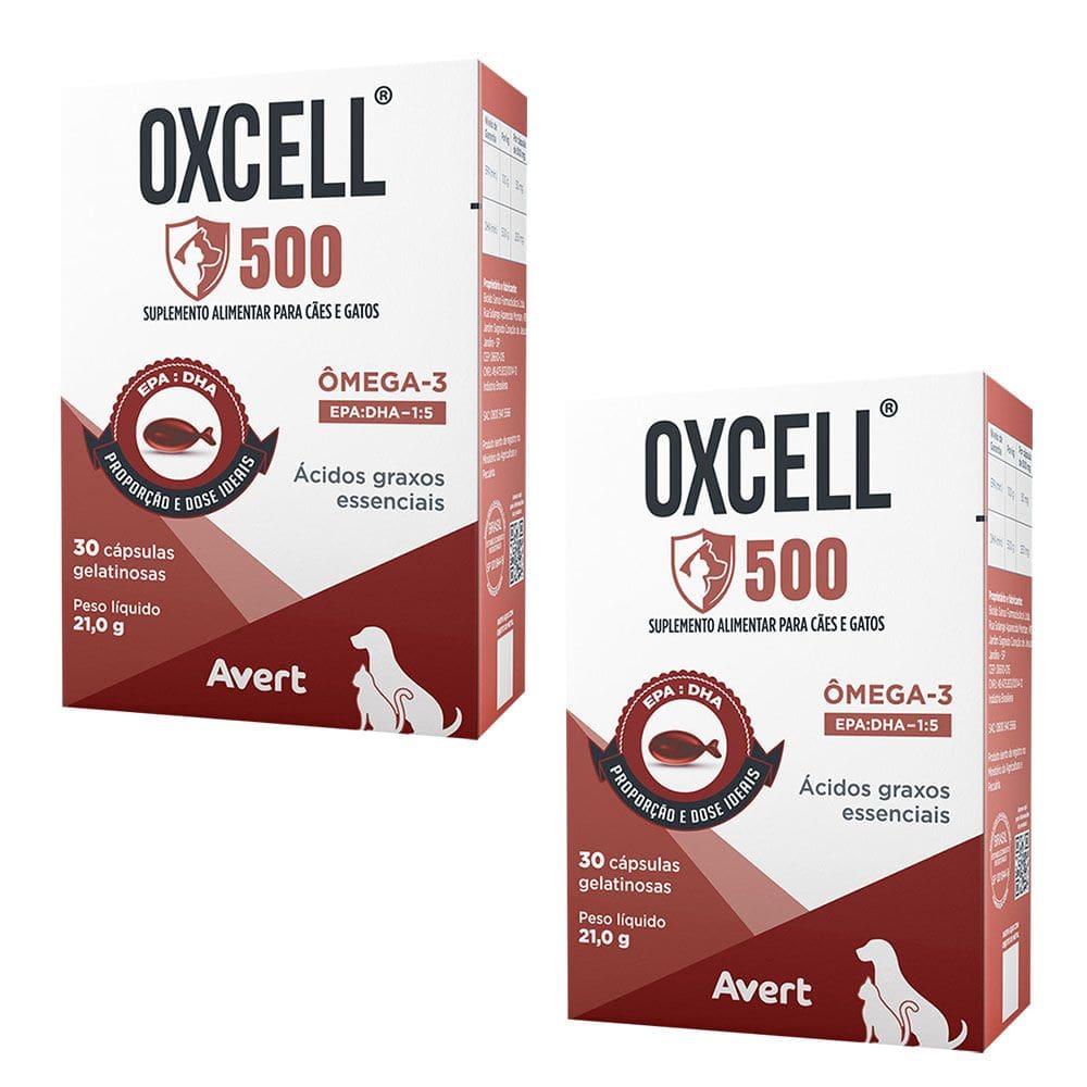 Kit 2 Suplementos Nutricional Avert Oxcell 30 Cápsulas para Cães e Gatos 500mg