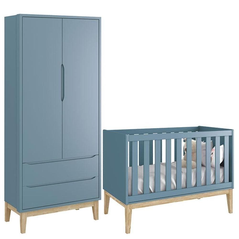 Berço Americano e Guarda Roupa Classic 2 Portas Azul com Pés Madeira Natural – Reller