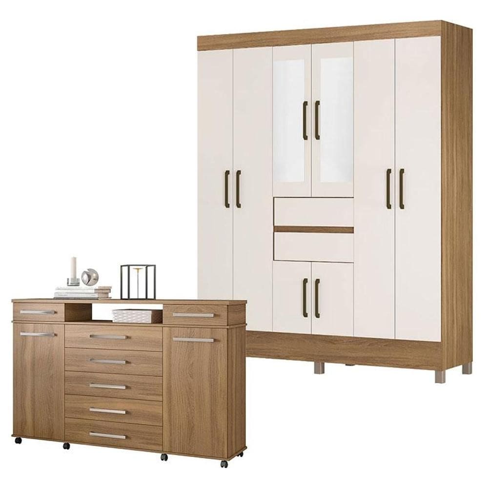 Cômoda London e Guarda Roupa Casal Munique Amêndola Off White com Espelho - Demóbile