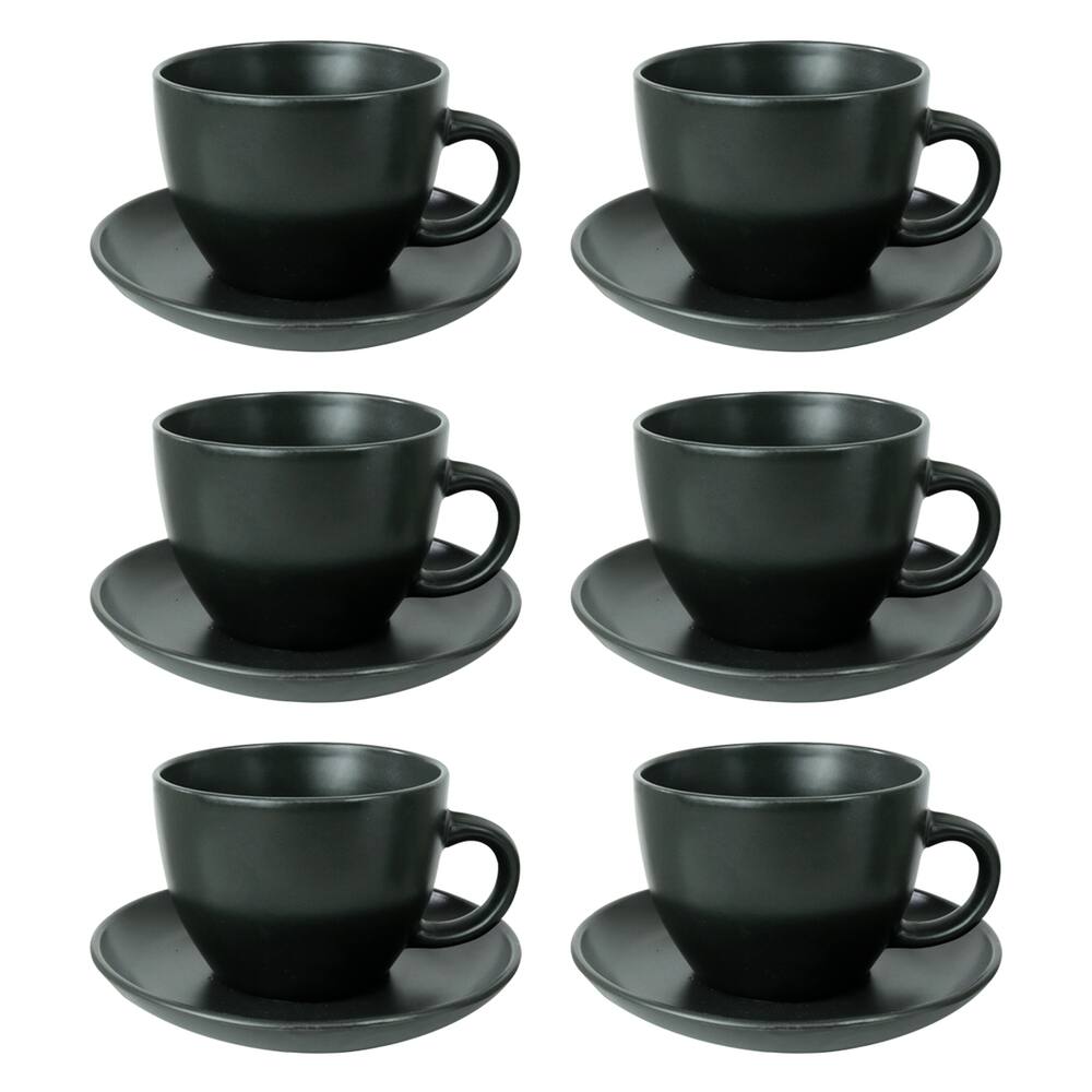 Jogo De Xícaras Ceramica Preta Com Pires 12 Pçs 210Ml