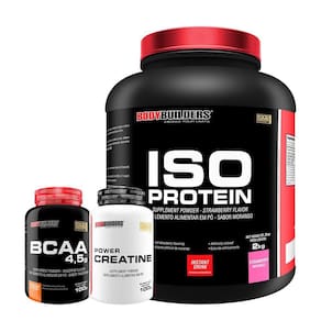 Kit iso protein 2kg morango + creatina + bcaa - bodybuilders