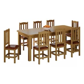 Mesa Com 8 Cadeiras de Madeira 200x88 Nogueira Com Estofado Marrom