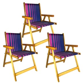 Kit 3 Cadeira De Madeira Dobrável Para Lazer Jardim Praia Piscina Camping Rosa/Marinho - AMZ