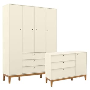 Cômoda Sapateira e Guarda Roupa Unique 4 Portas Off White Eco Wood - Matic
