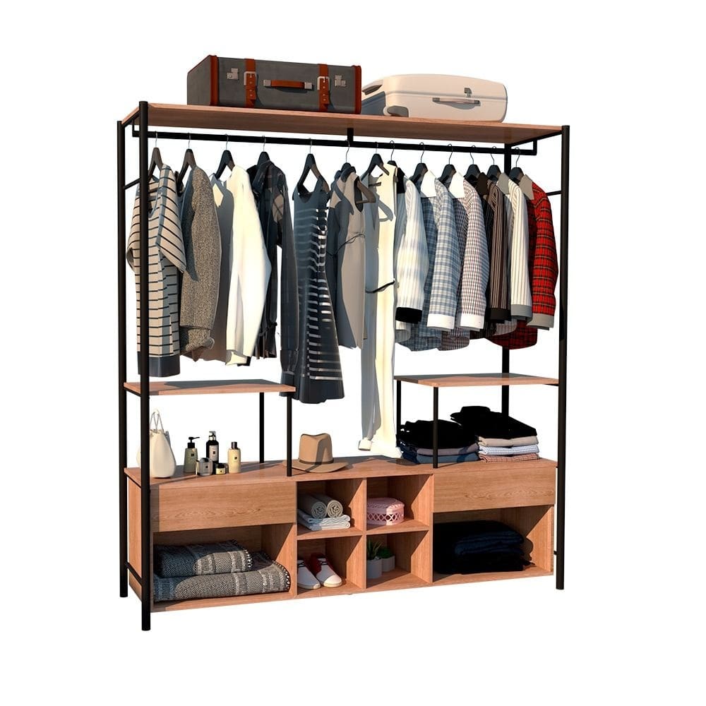 Guarda Roupa Closet Casal Industrial 2 Gavetas Tóquio Preto/Demolição 174cm - Pallazio