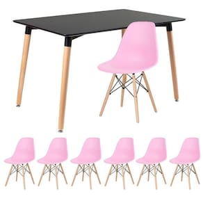 Mesa De Jantar Retangular Eames 80 X 120 Cm Preto + 6 Cadeiras Eiffel Dsw Rosa Claro