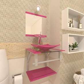 Gabinete de vidro para banheiro 40cm torneira cascata rosa
