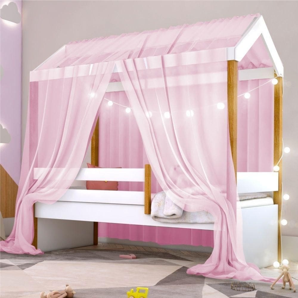 Cama Montessori Exclusiv Fio De Luz Colchão E Voal Rosa