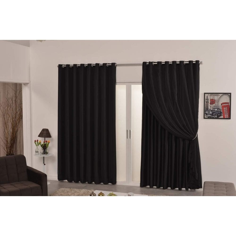 Cortina blecaute tecido 4,00x2,70 com voil sala quarto preta
