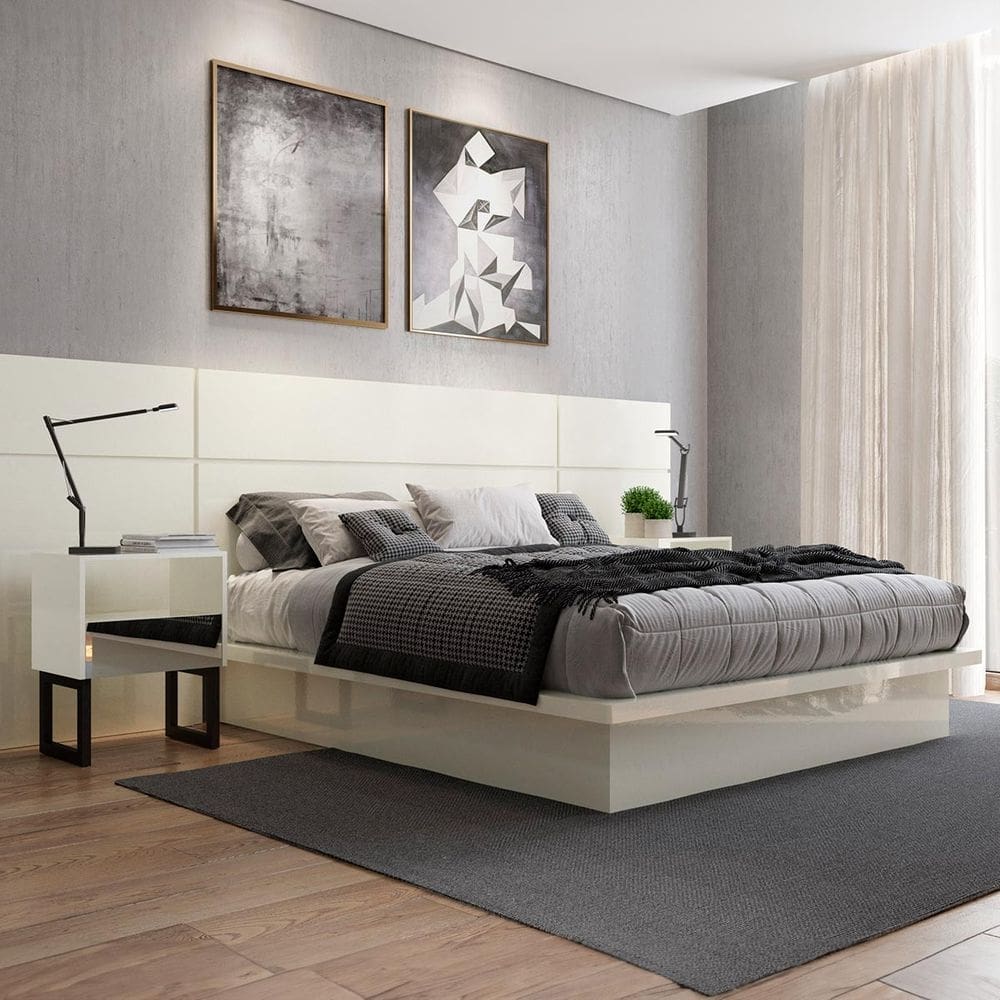 Conjunto Quarto 2 Mesas de Cabeceira 1 Cama Casal em MDF Off White Dalla Costa